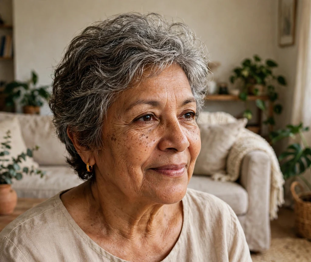Latina woman in her early sixties with an effortless wash-and-go layered short cut with natural texture at home