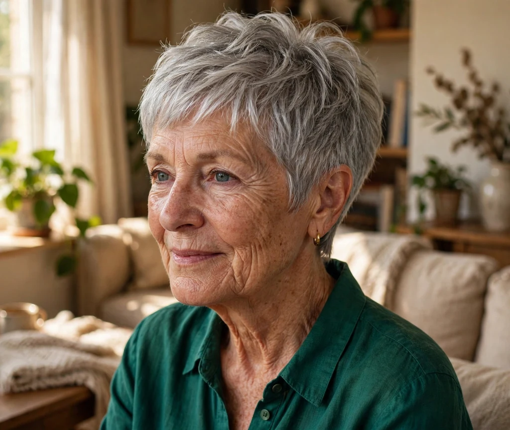 Elegant silver-gray classic textured pixie on a woman in her late 60s, emerald green blouse, warm sunlit living room