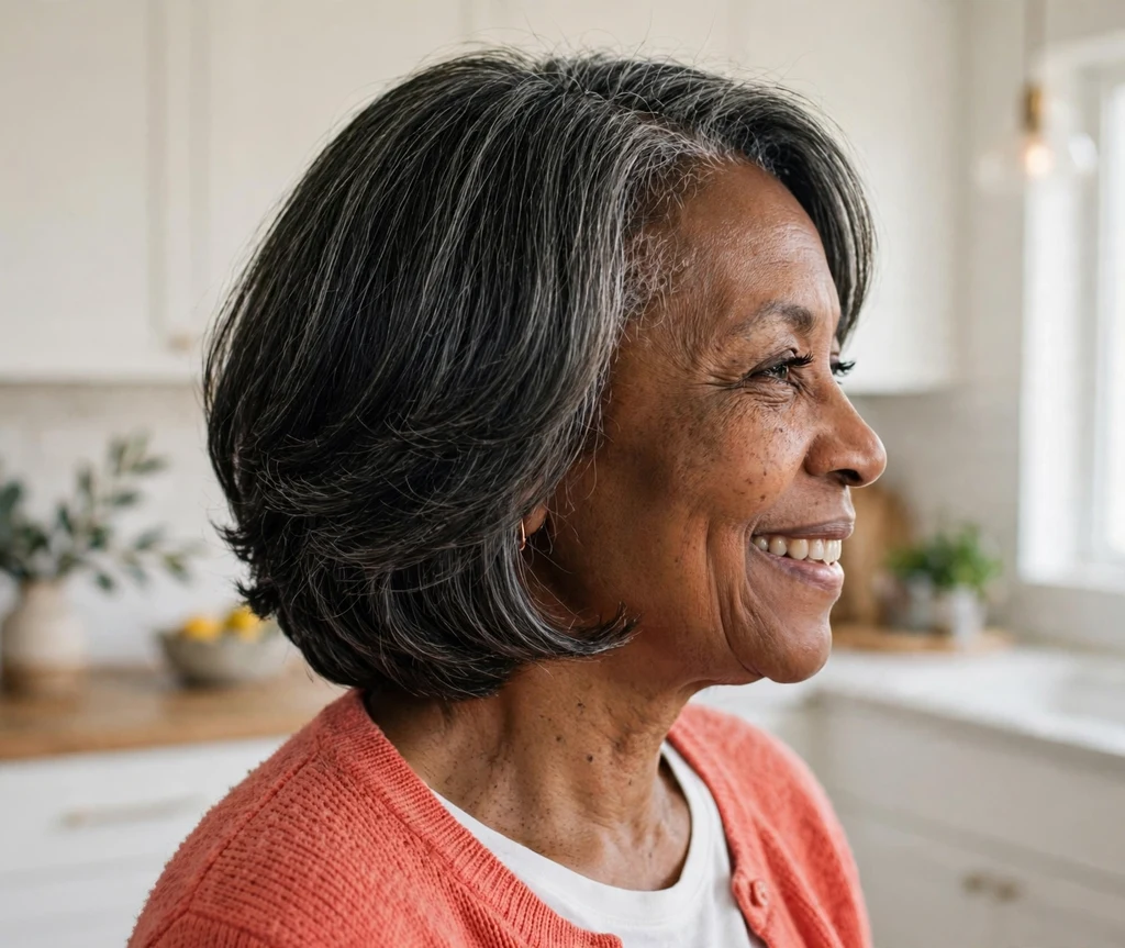 Classic textured pixie with choppy crown layers on salt-and-pepper hair, Black woman in her early 60s, coral cardigan, bright kitchen