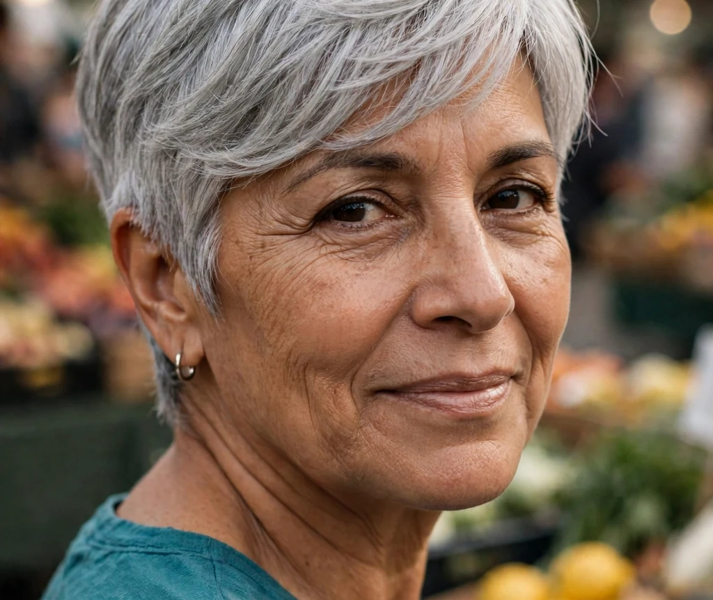 Soft layered bob with gentle movement on sleek salt-and-pepper hair, Black woman in her early 60s, coral cardigan, bright kitchen