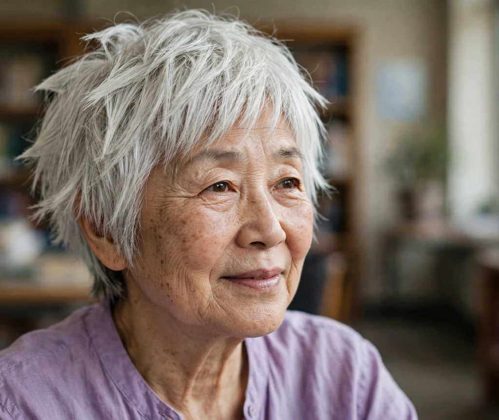 Silver pixie with soft side-swept bangs, Latina woman in her mid 60s, teal top, farmers market