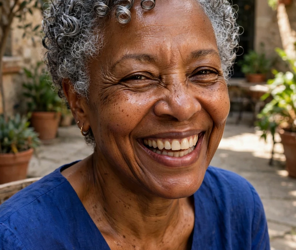 Tapered nape pixie with longer textured top on dark brown hair, Middle Eastern woman in her early 60s, black top with gold jewelry, art gallery