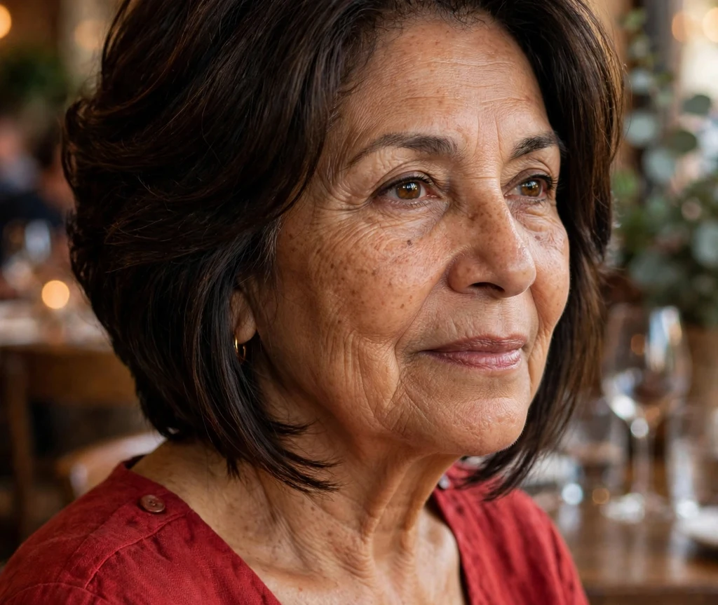 Feathered pixie with wispy airy layers on honey blonde hair, Caucasian woman in her mid 60s, cream sweater, cozy café