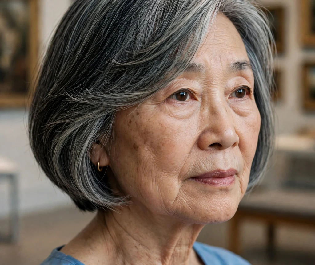 Pixie with a soft wispy see-through fringe on natural gray hair, Black woman in her mid 70s, mustard yellow top, sunny porch