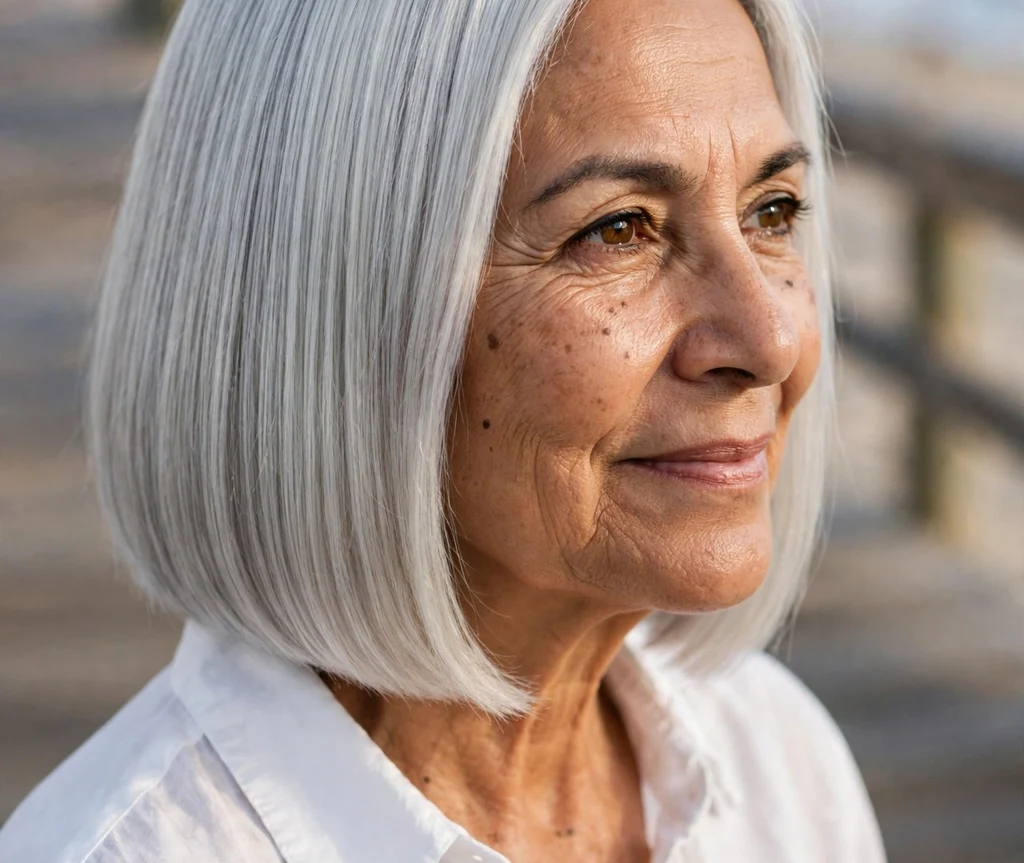 Curly pixie-bob with soft rounded silver curls, South Asian woman in her early 70s, burgundy blouse, home veranda