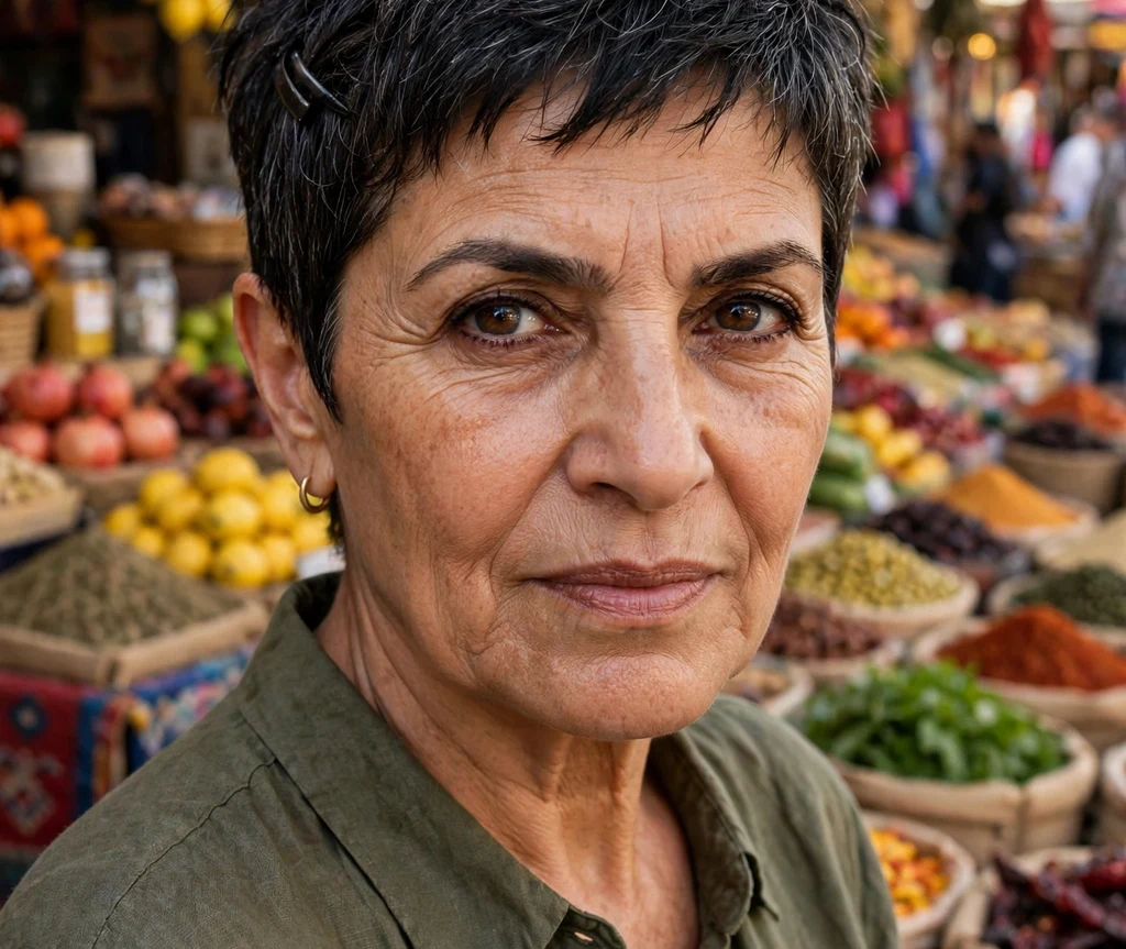 Short shaggy layered haircut with soft curtain bangs on auburn hair, Caucasian woman in her late 60s, rust-colored top, vineyard