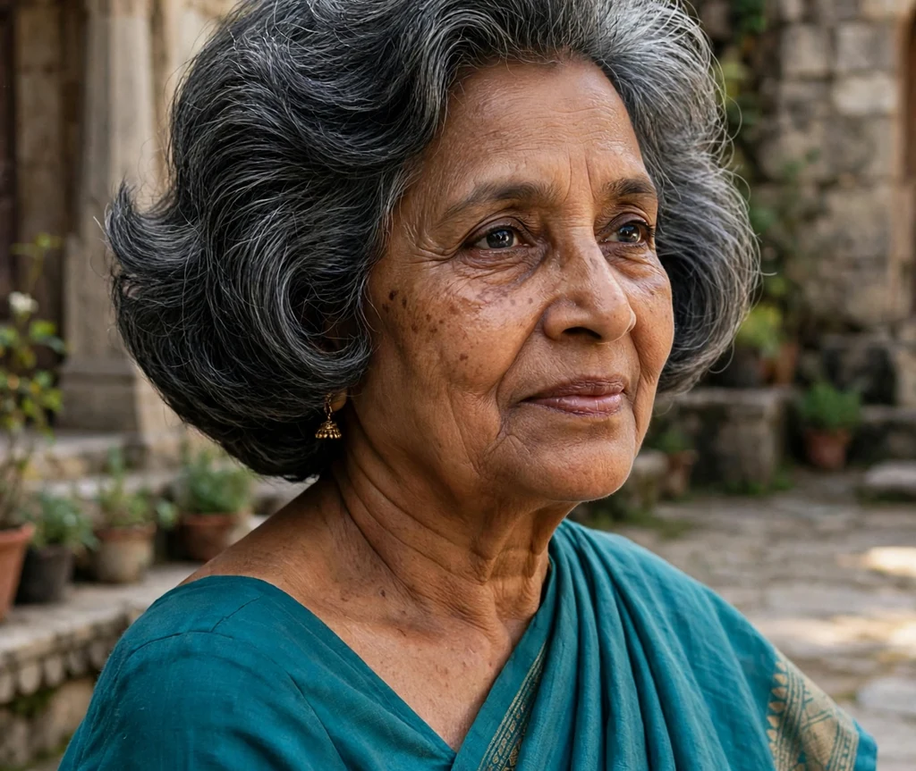 French bob with effortless undone texture and soft fringe on dark hair with natural gray streaks, East Asian woman in her late 60s, striped shirt, old town street