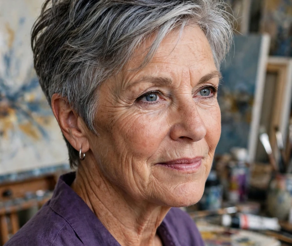 Rounded short bob curving softly under at the ends on salt-and-pepper hair, Middle Eastern woman in her early 60s, maroon kurta, rooftop terrace
