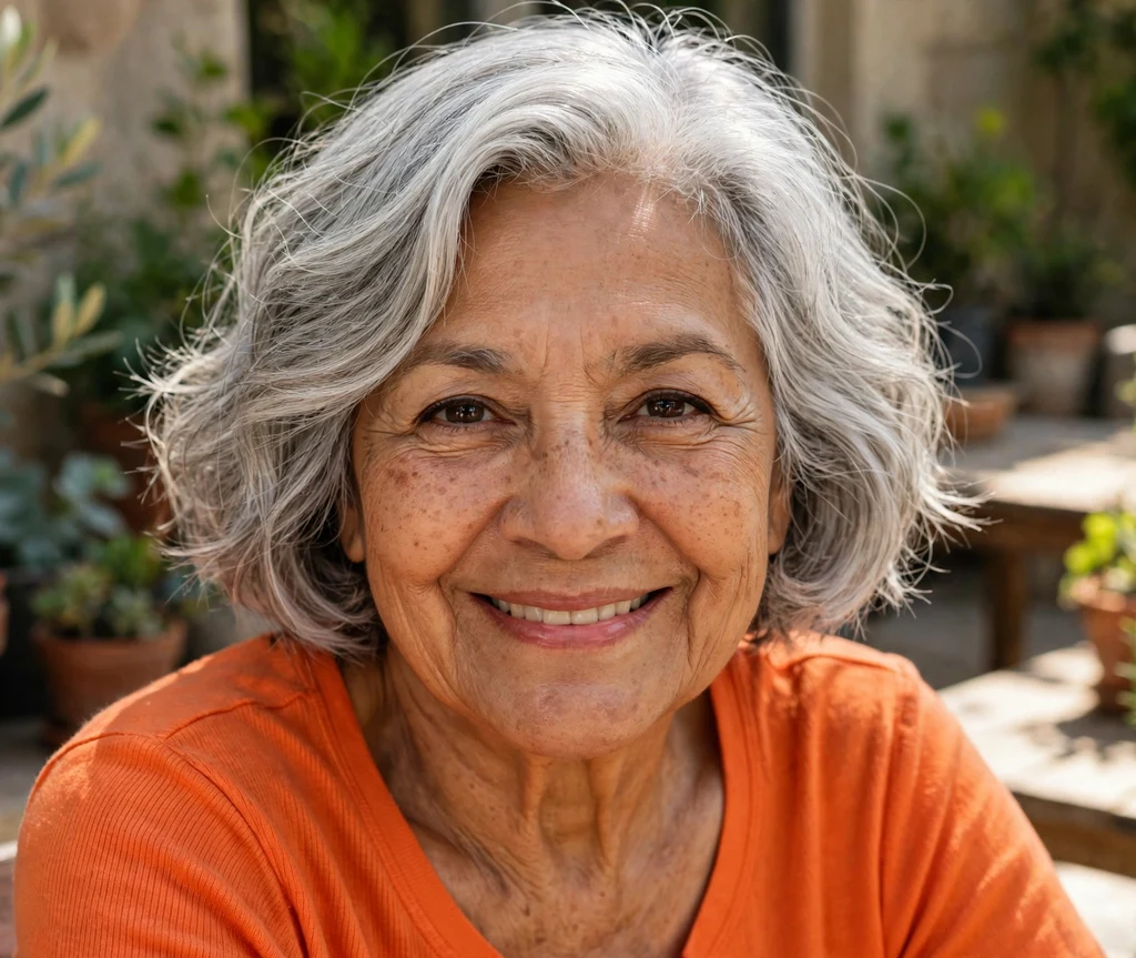 Textured crop with soft gray balayage dimension on silver hair, Caucasian woman in her late 60s, purple blouse, art studio
