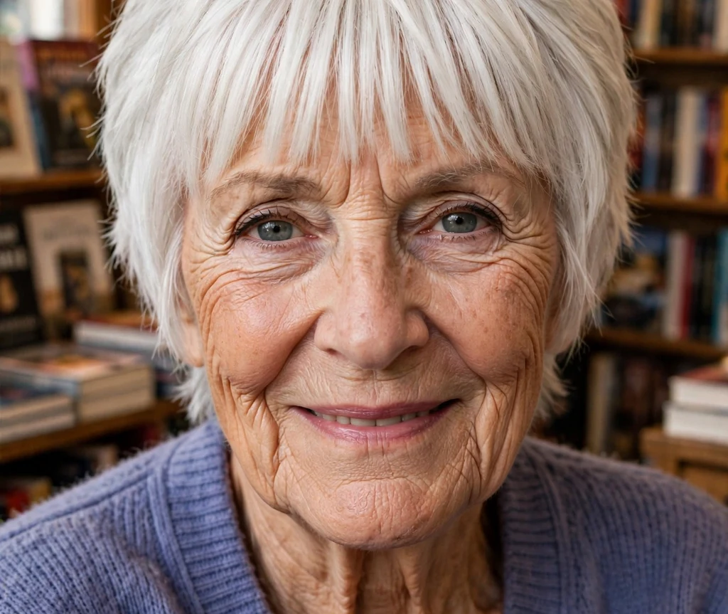 Pixie with closely tapered sides and a longer lifted top on dark brown hair, East Asian woman in her mid 60s, gray suit, conference room