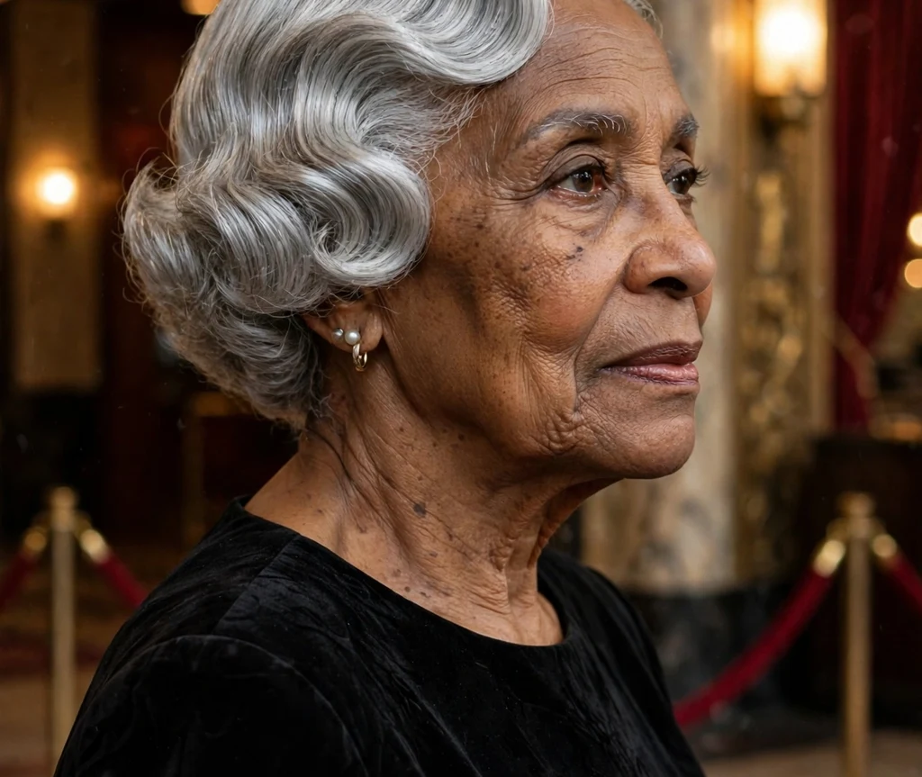 Layered crop with full straight-across bangs on white hair, Caucasian woman in her late 70s, periwinkle cardigan, bookstore