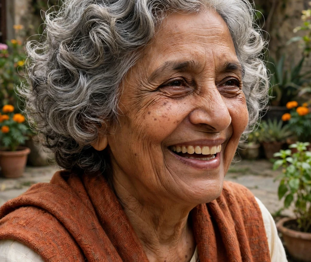 Modern shaggy pixie with tousled piecey texture on chestnut brown hair, Latina woman in her late 60s, denim jacket, countryside meadow