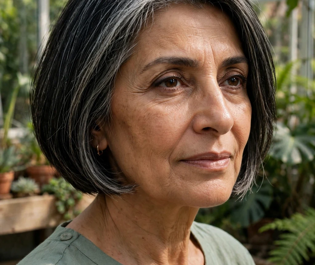 Soft contemporary permed curls, short bouncy curls with natural movement, on natural gray hair, South Asian woman in her mid 70s, rust-colored shawl, courtyard garden