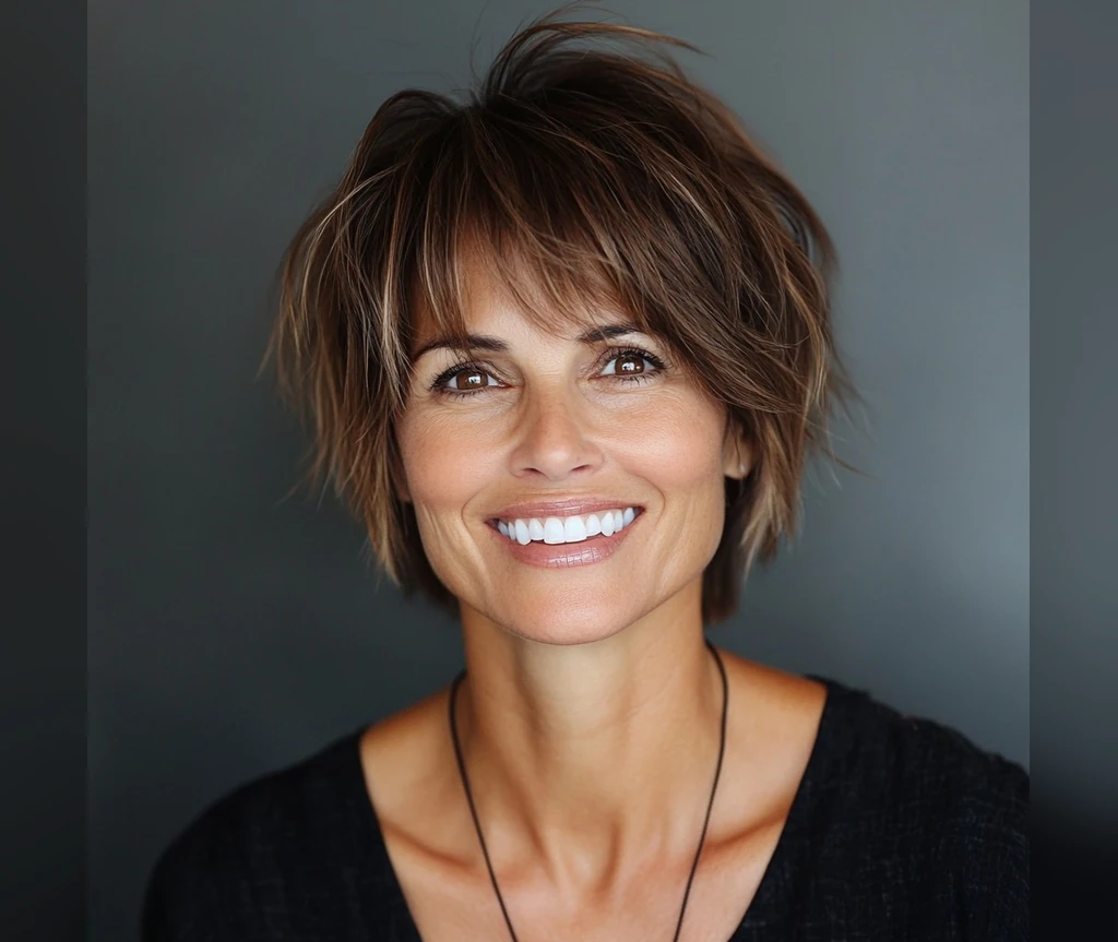 Fabulous short layered bob full of movement on chestnut brown hair