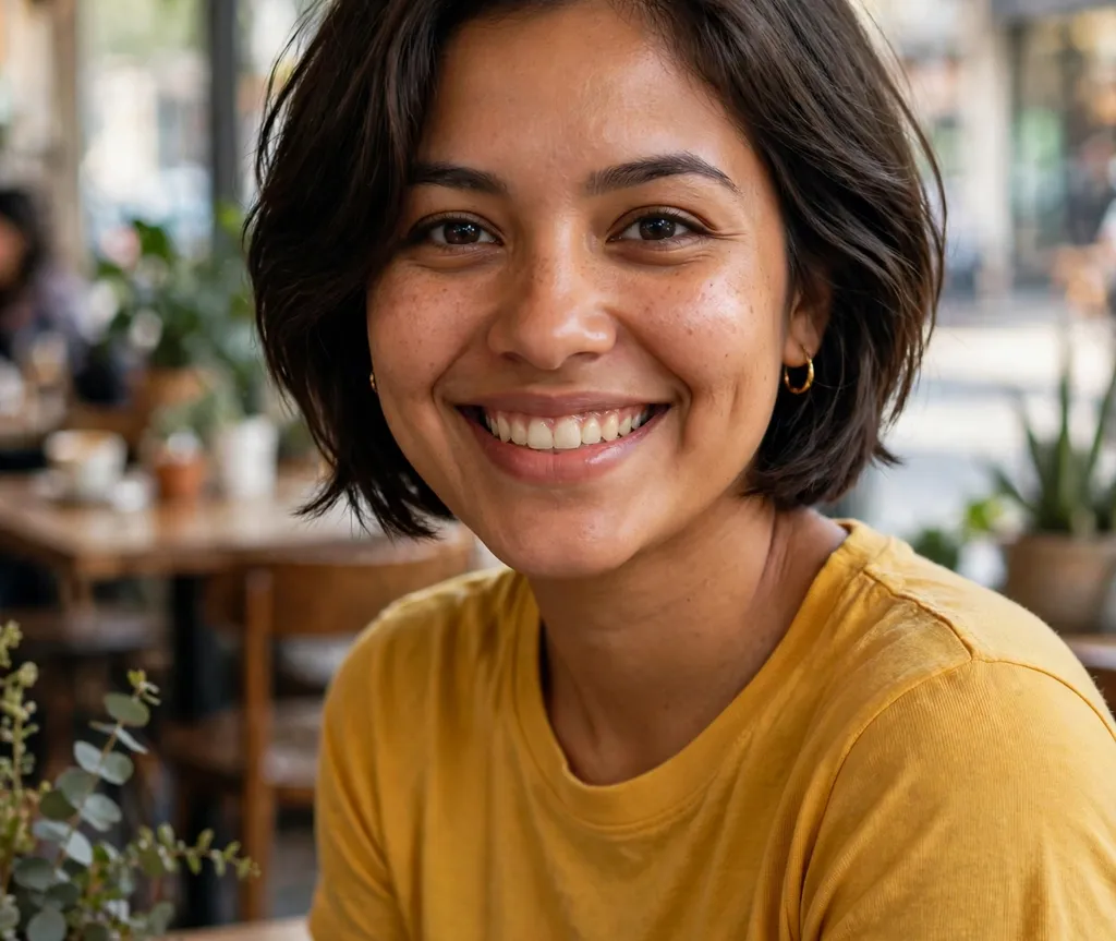 Classic short layered bob on dark brown hair