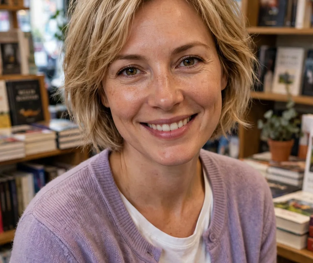 Wispy short bob with layers on honey-blonde hair