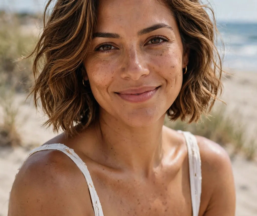 Wavy short layered bob on caramel brown hair