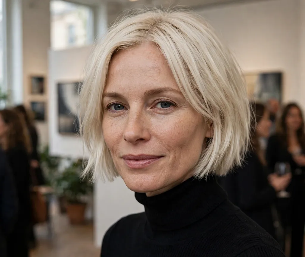 Blunt-end short layered bob on platinum blonde hair