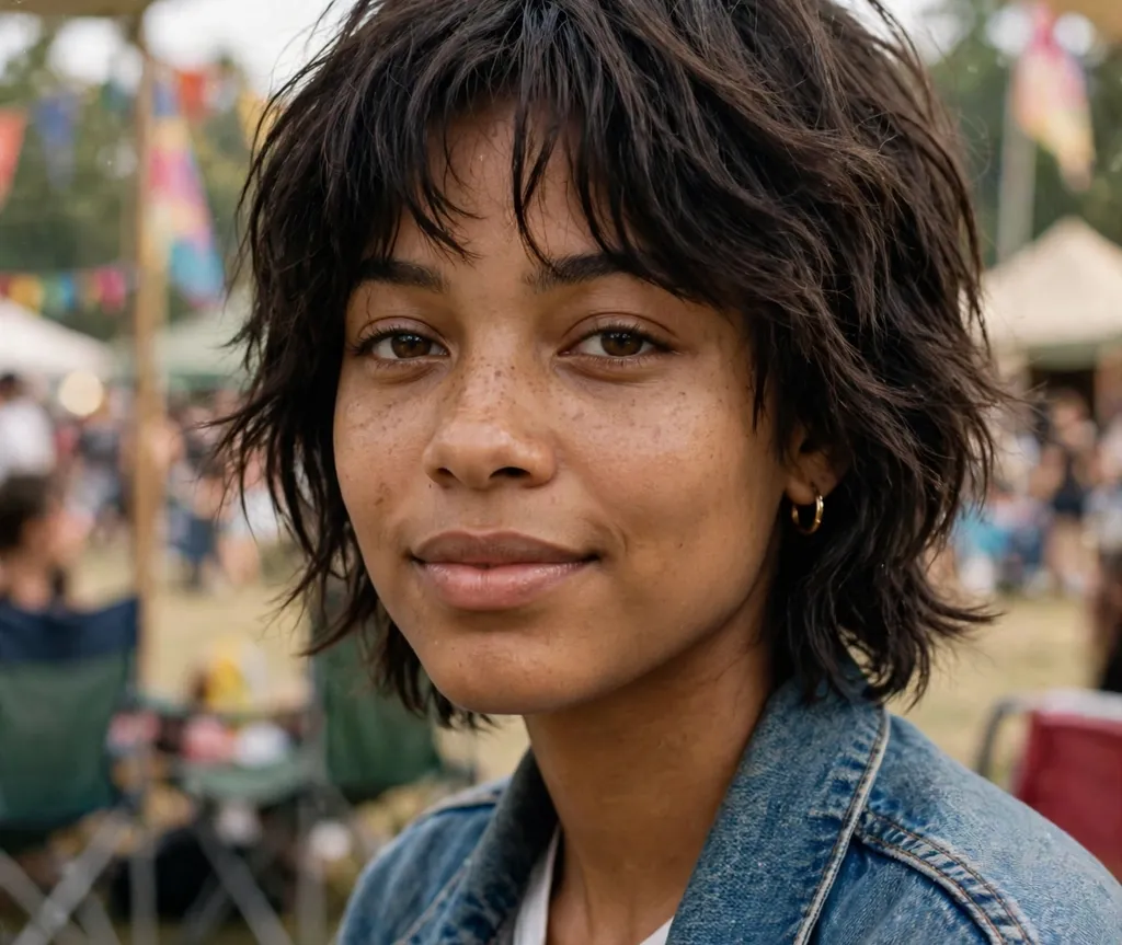 Shaggy short layered bob on dark brown hair