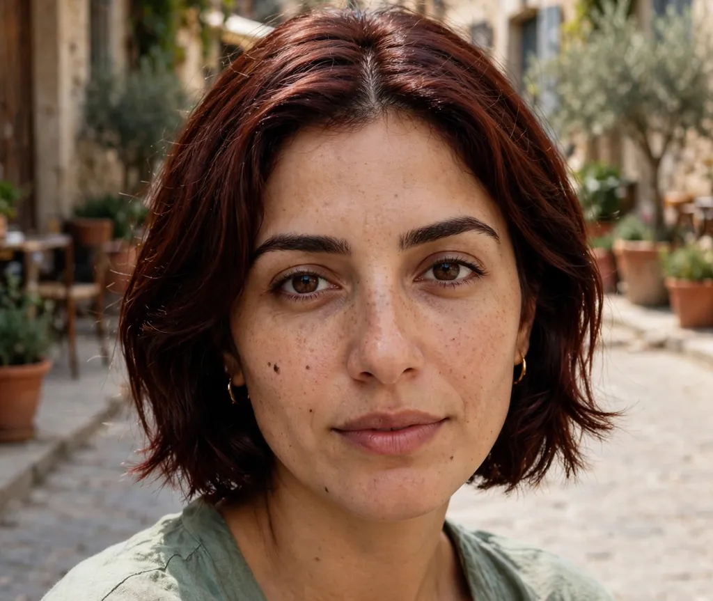 Middle-part short layered bob on dark auburn hair