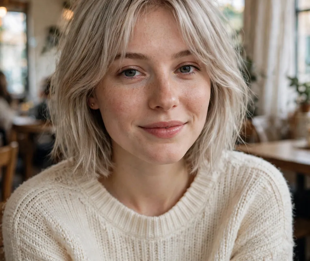 Short layered bob with curtain bangs on ash-blonde hair