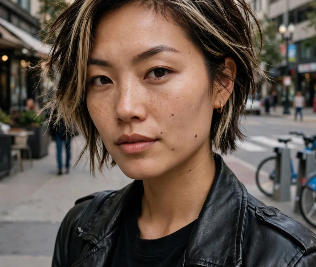 Asymmetrical short layered bob on dark brown hair with blonde streaks