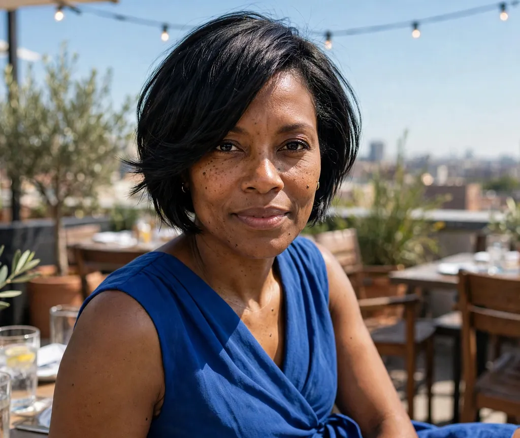 Angled short layered bob on black hair