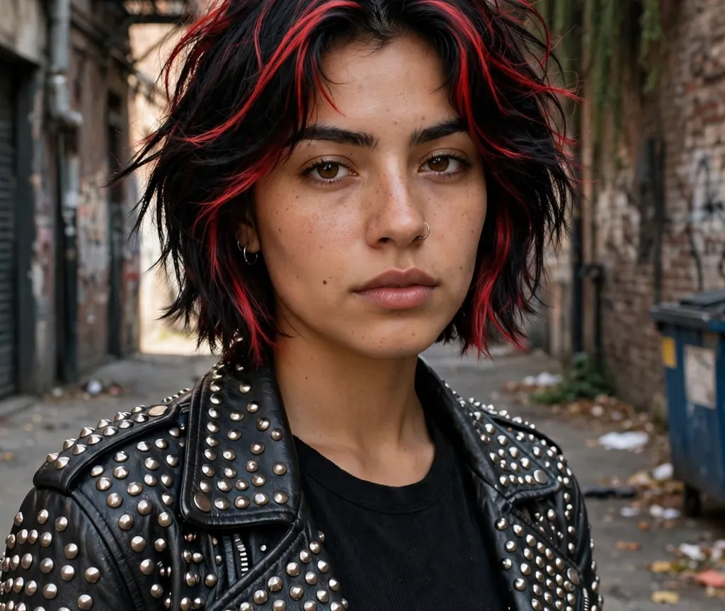 Edgy short layered bob on black hair with red highlights