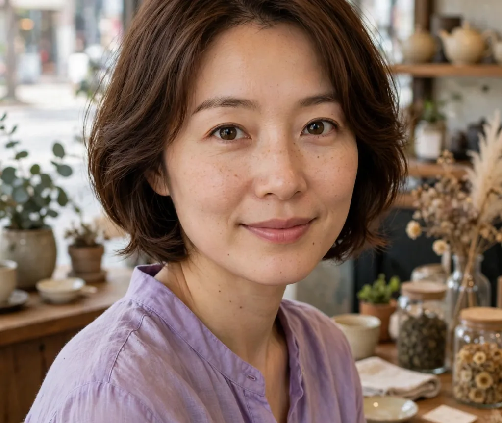Soft rounded short layered bob on soft brown hair