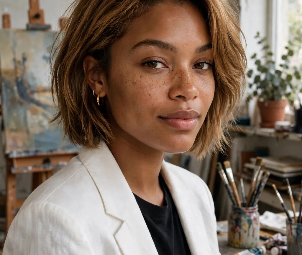 Jaw-length layered short bob on honey brown hair