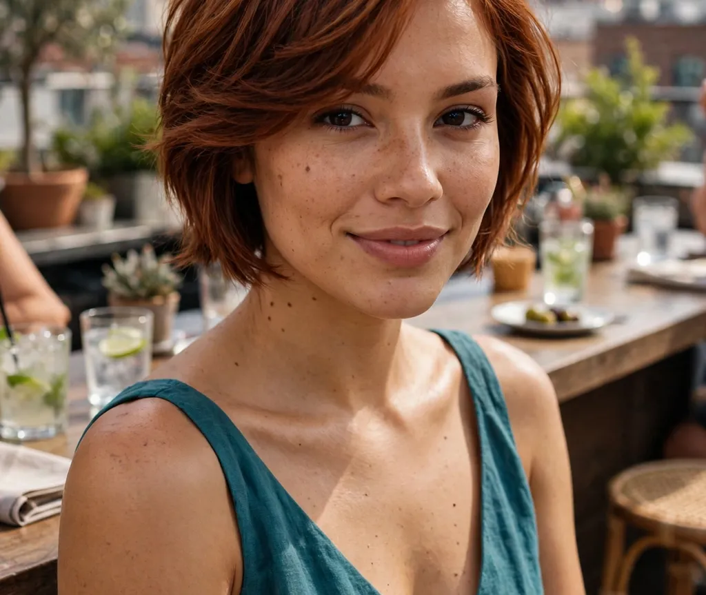 Side-swept short layered bob on auburn hair