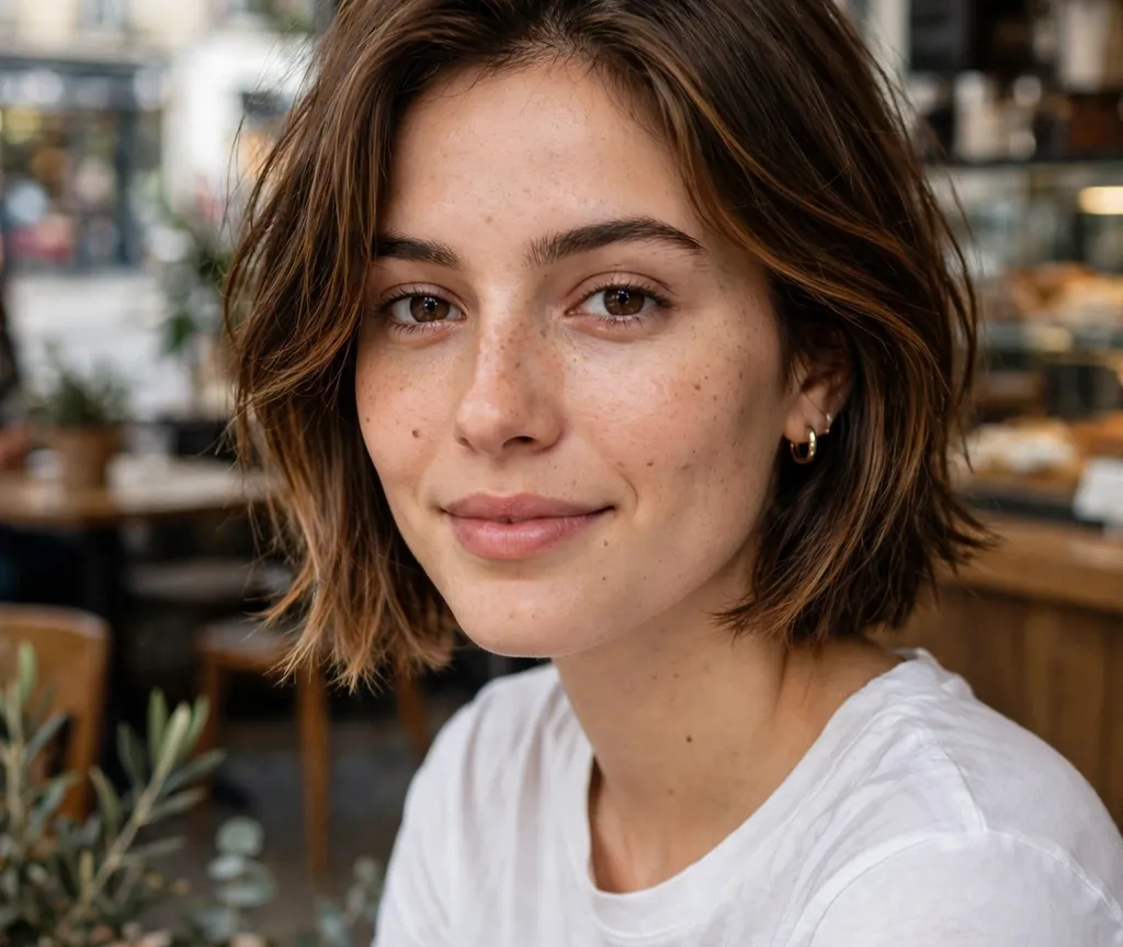 Short layered bob with caramel balayage on brown hair