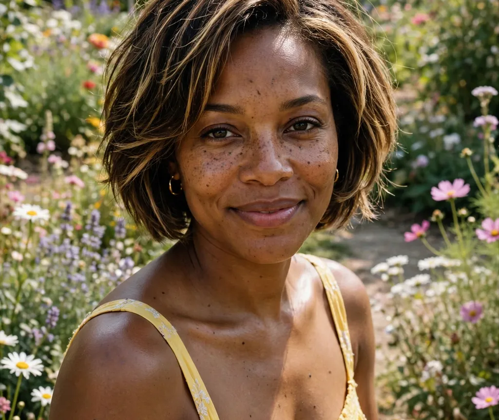Short layered bob with honey highlights on dark brown hair
