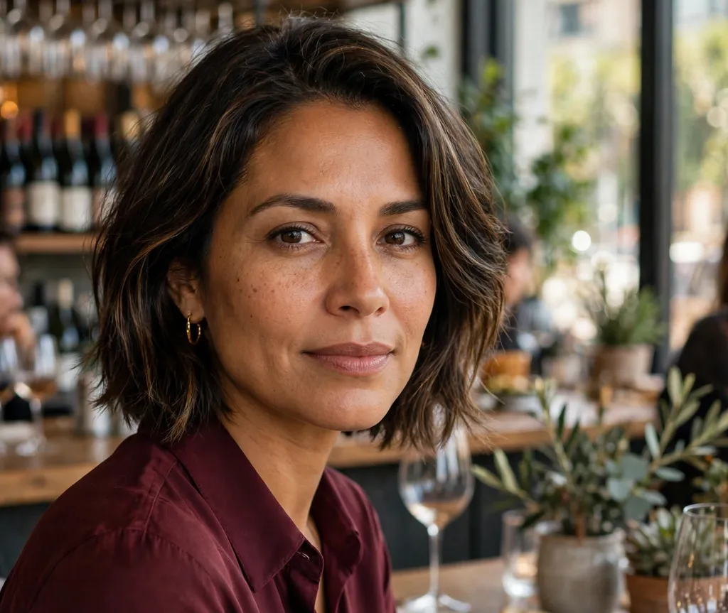 Short layered bob with subtle lowlights on dark brown hair
