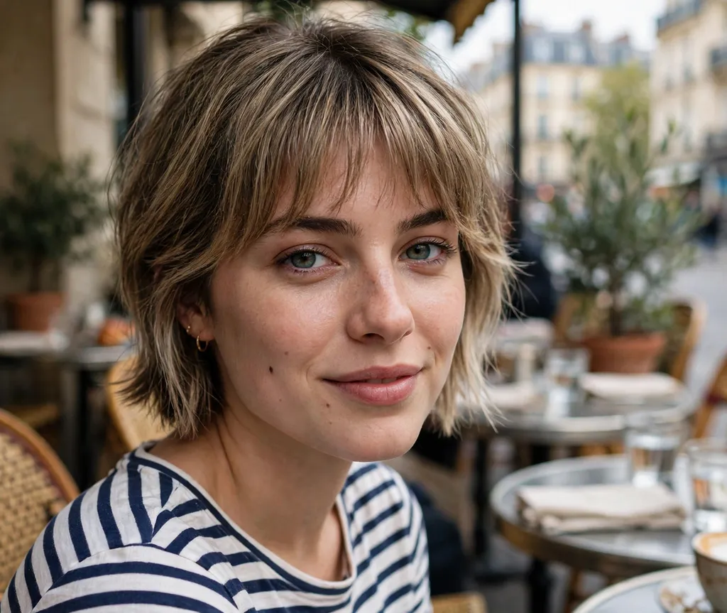 Short layered French bob with fringe on dark blonde hair