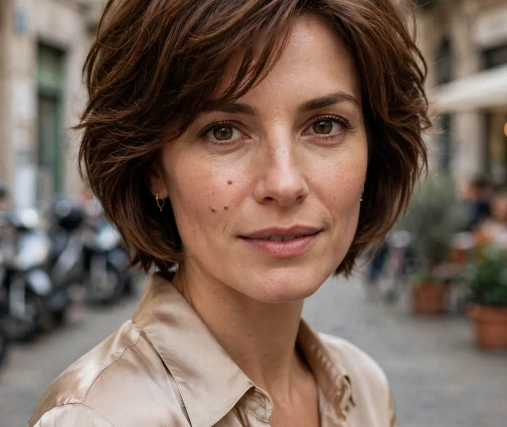 Short layered Italian bob with volume on chestnut hair