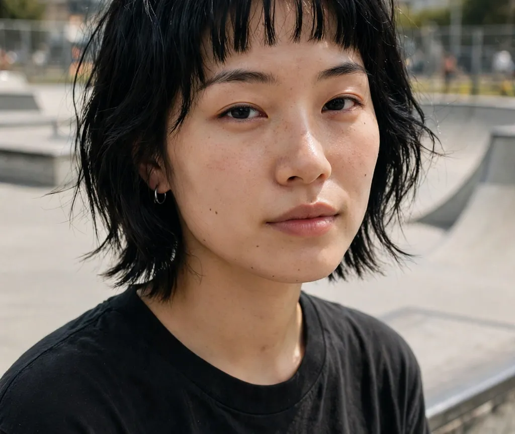 Short layered bob with micro bangs on black hair