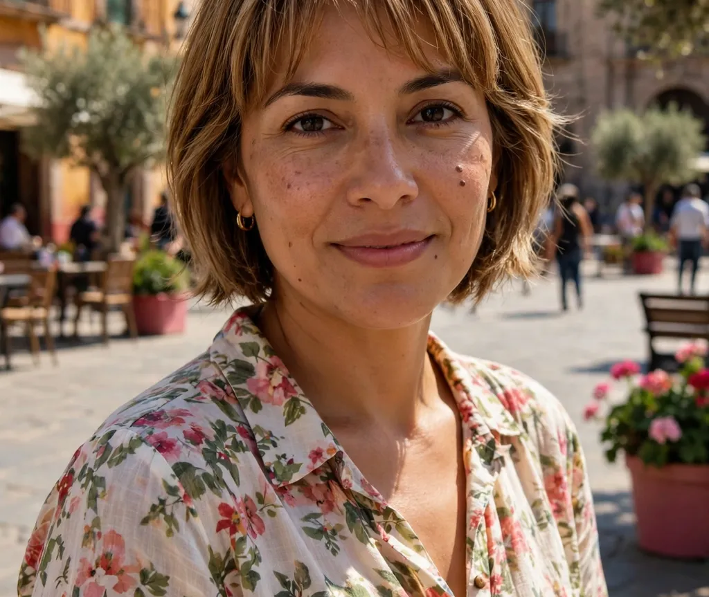 Short layered bob with feathered bangs on light brown hair