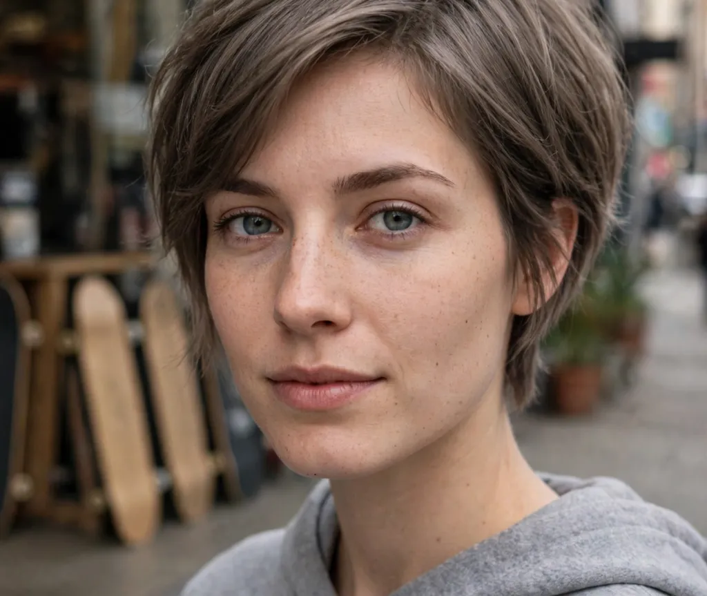Short layered bob with tapered nape on ash brown hair