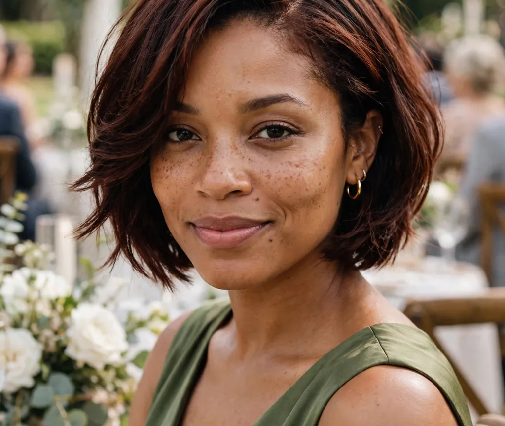 Short layered bob with deep side part on dark auburn hair