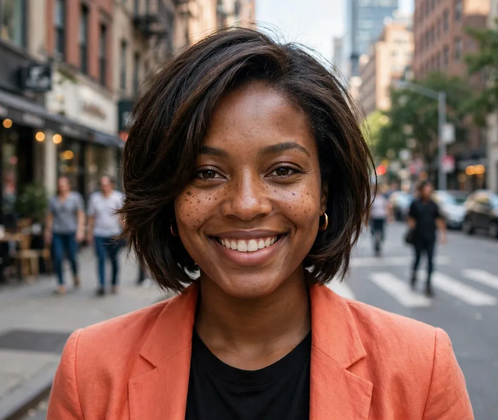 Short layered bob with face-framing layers on dark brown hair