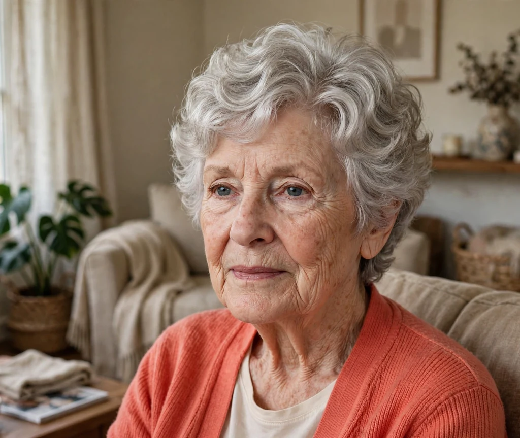 Silver curly pixie haircut with soft layers on an older woman
