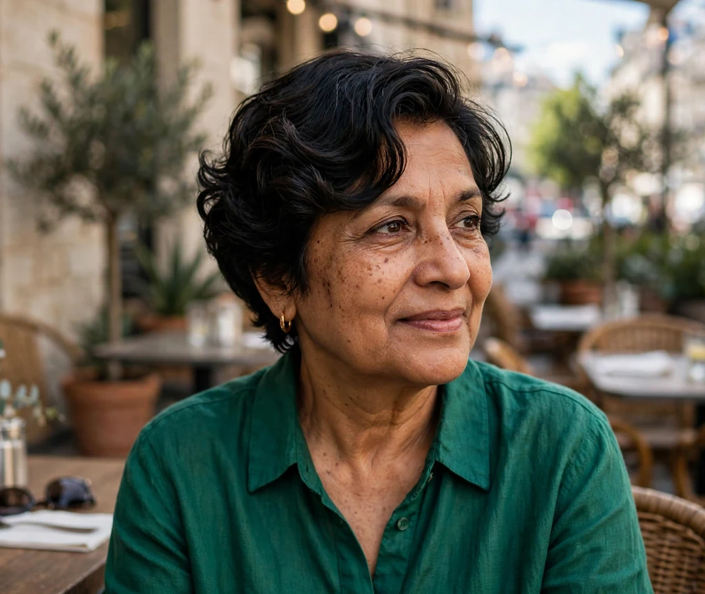 Side-swept short layered curly crop hairstyle for older women
