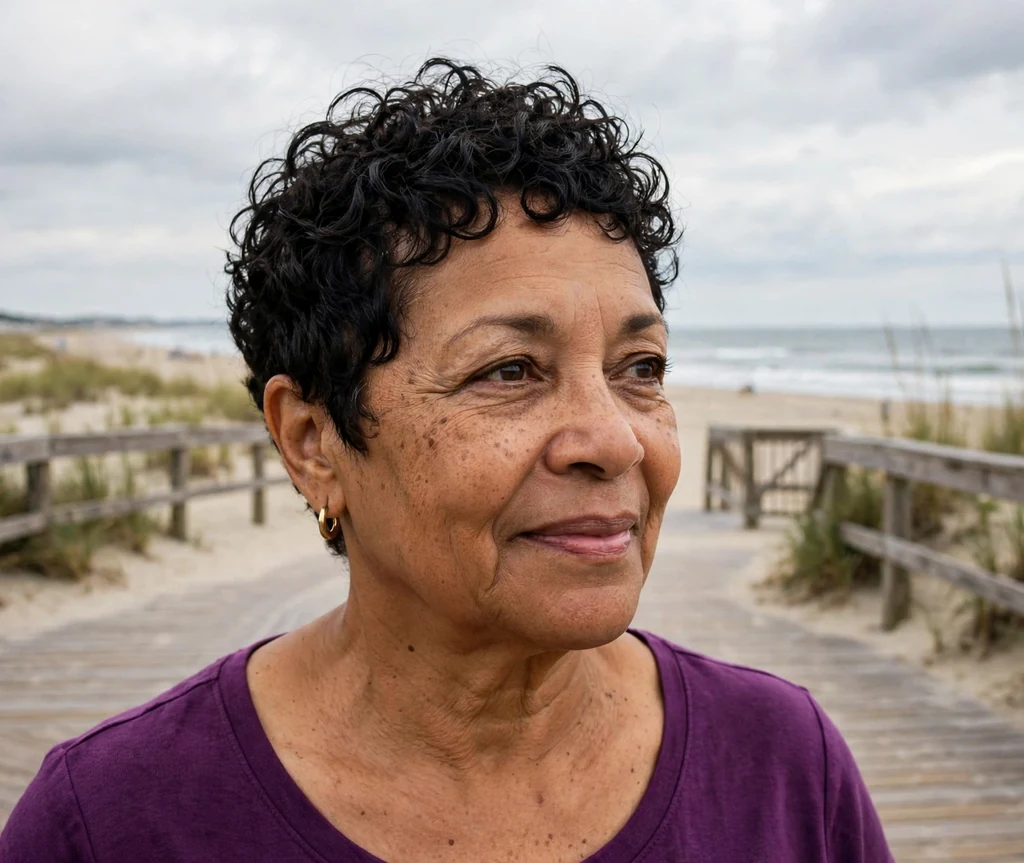 Curly pixie haircut with long layered top for older women
