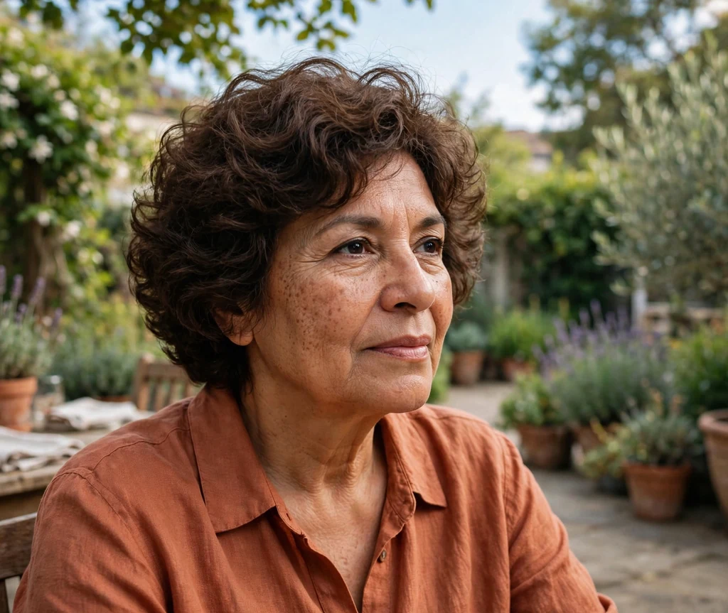 Rounded short curly haircut with soft layers for women over 50