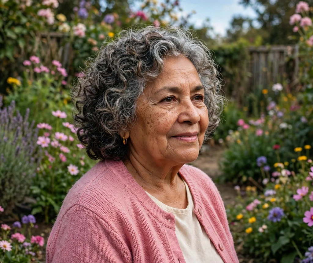 Salt-and-pepper layered curly bob hairstyle for older women