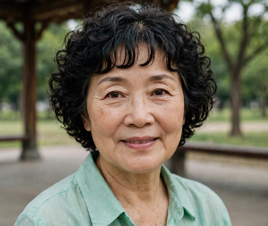 Short curly hairstyle with curtain bangs for older women