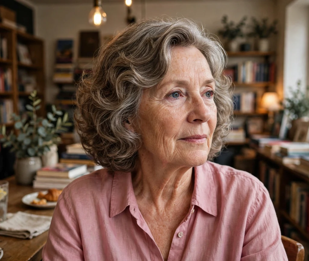 Curly bob with side part and soft layers for mature women