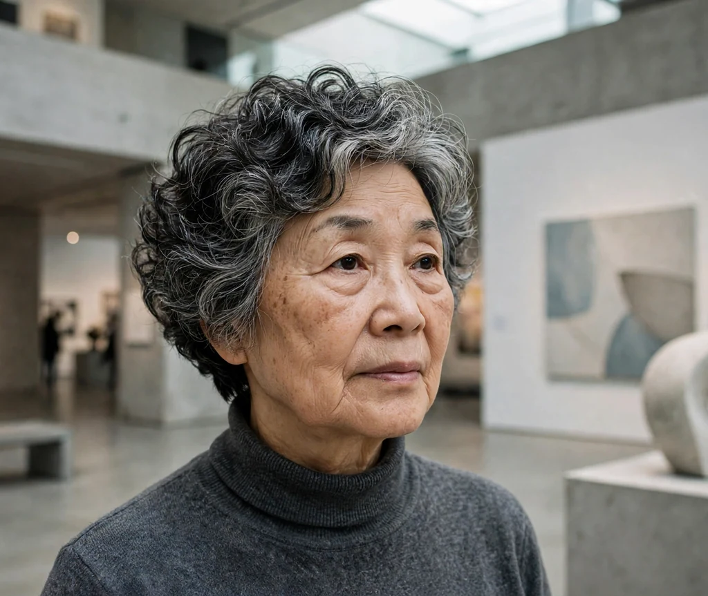 Short layered curly haircut with grey blending color for older women