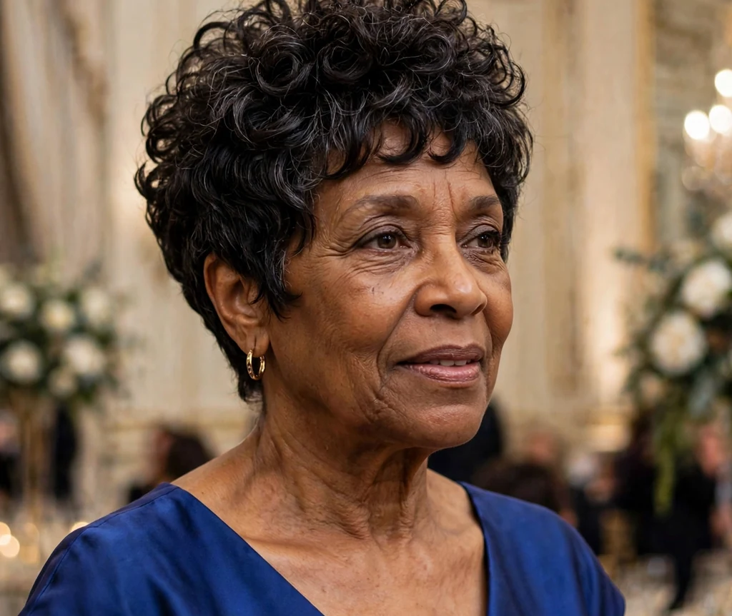 Short layered curly haircut with warm auburn tones for older women